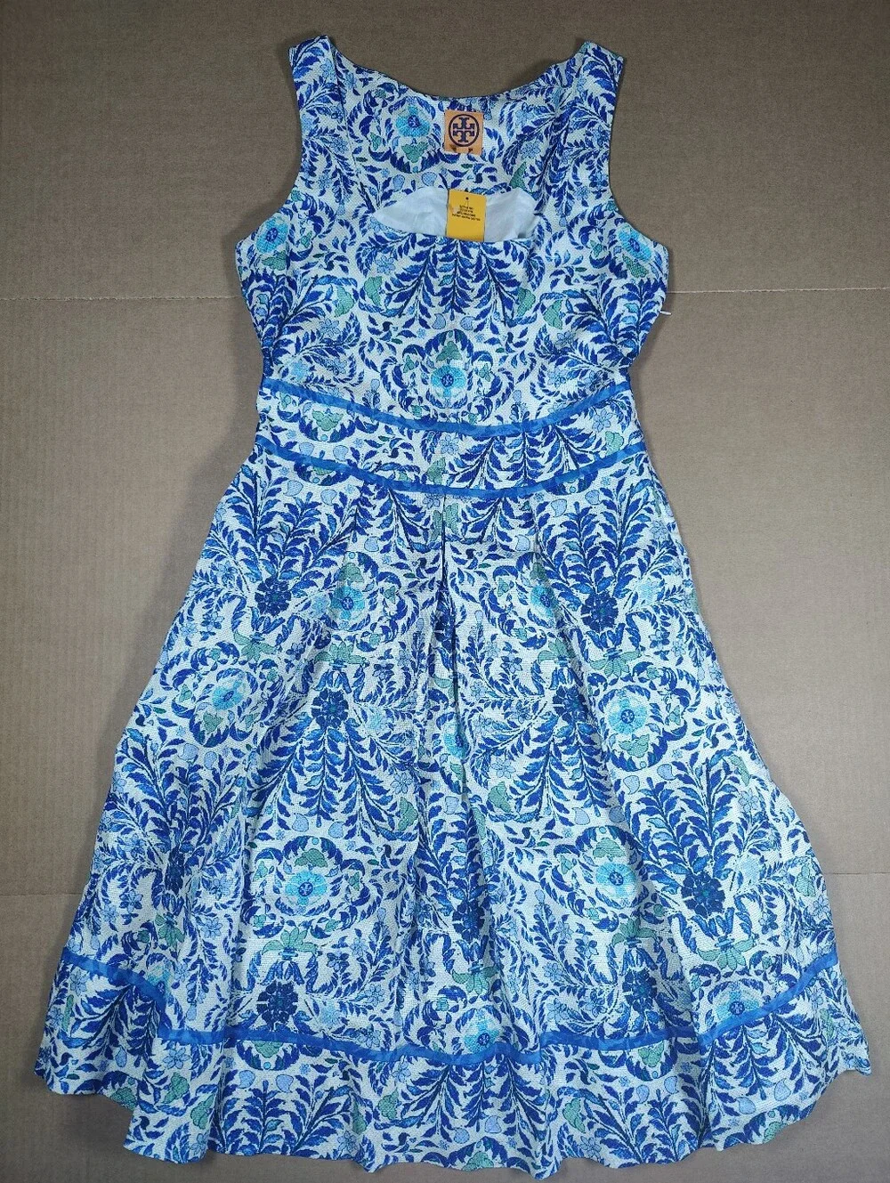 NWT Tory Burch Ramona Blue White Floral Silk Linen Fit & Flare Dress Retail 450$